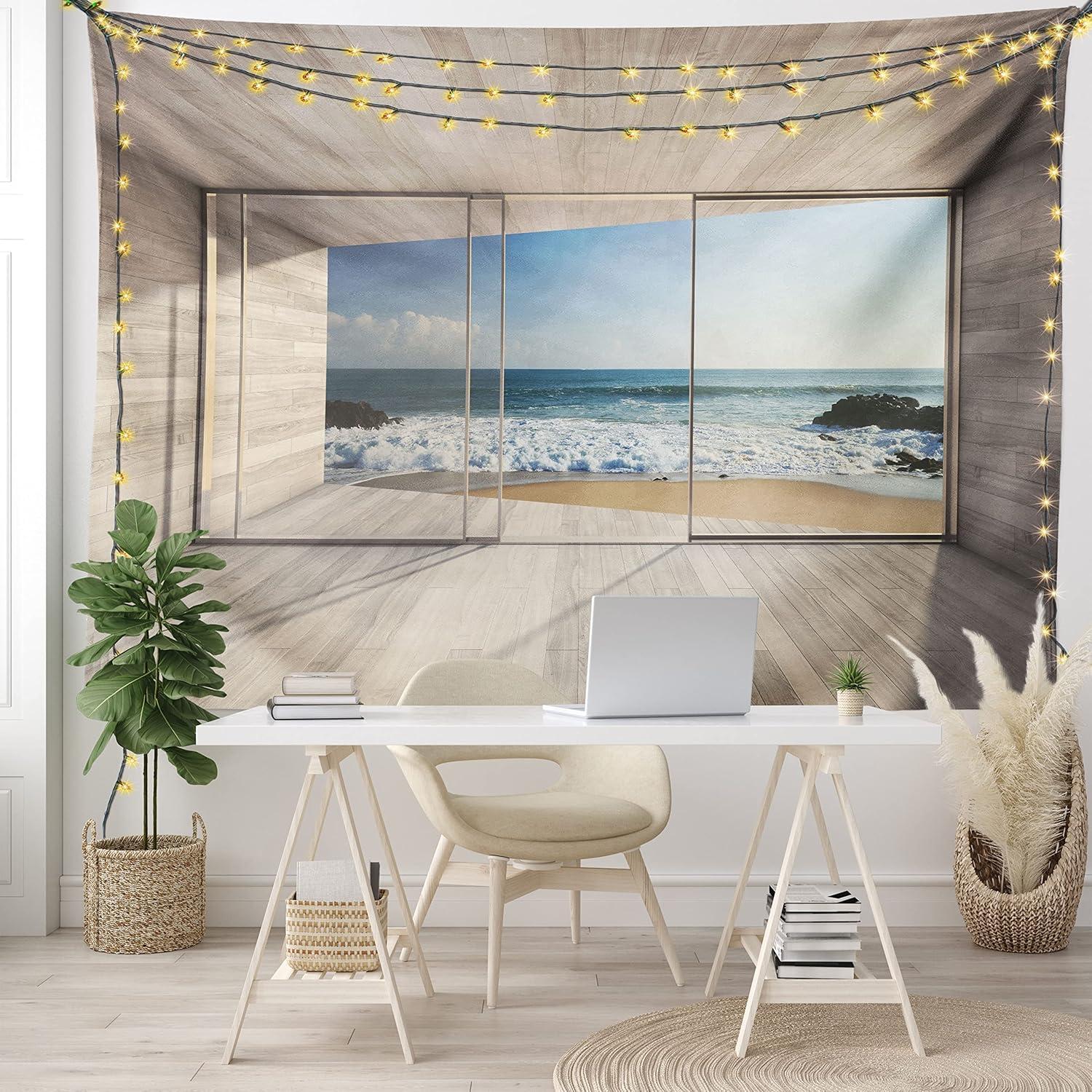 imageAmbesonne Modern Tapestry Empty Lounge Area Large Window and View of Sea Waves Rocks Art Fabric Wall Hanging Decor for Bedroom Living Room Dorm 28 X 23 Beige Blue White