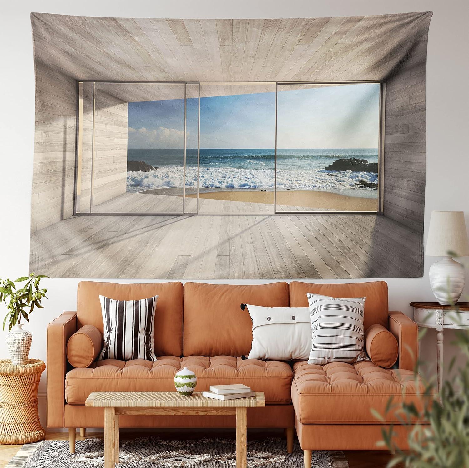 imageAmbesonne Modern Tapestry Empty Lounge Area Large Window and View of Sea Waves Rocks Art Fabric Wall Hanging Decor for Bedroom Living Room Dorm 28 X 23 Beige Blue White