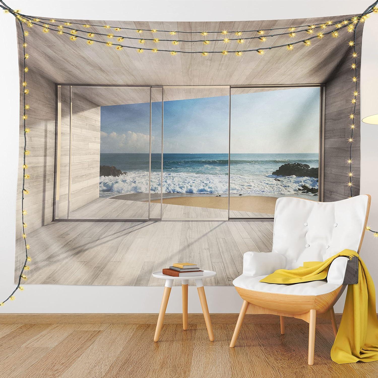 imageAmbesonne Modern Tapestry Empty Lounge Area Large Window and View of Sea Waves Rocks Art Fabric Wall Hanging Decor for Bedroom Living Room Dorm 45 X 30 Beige Blue White