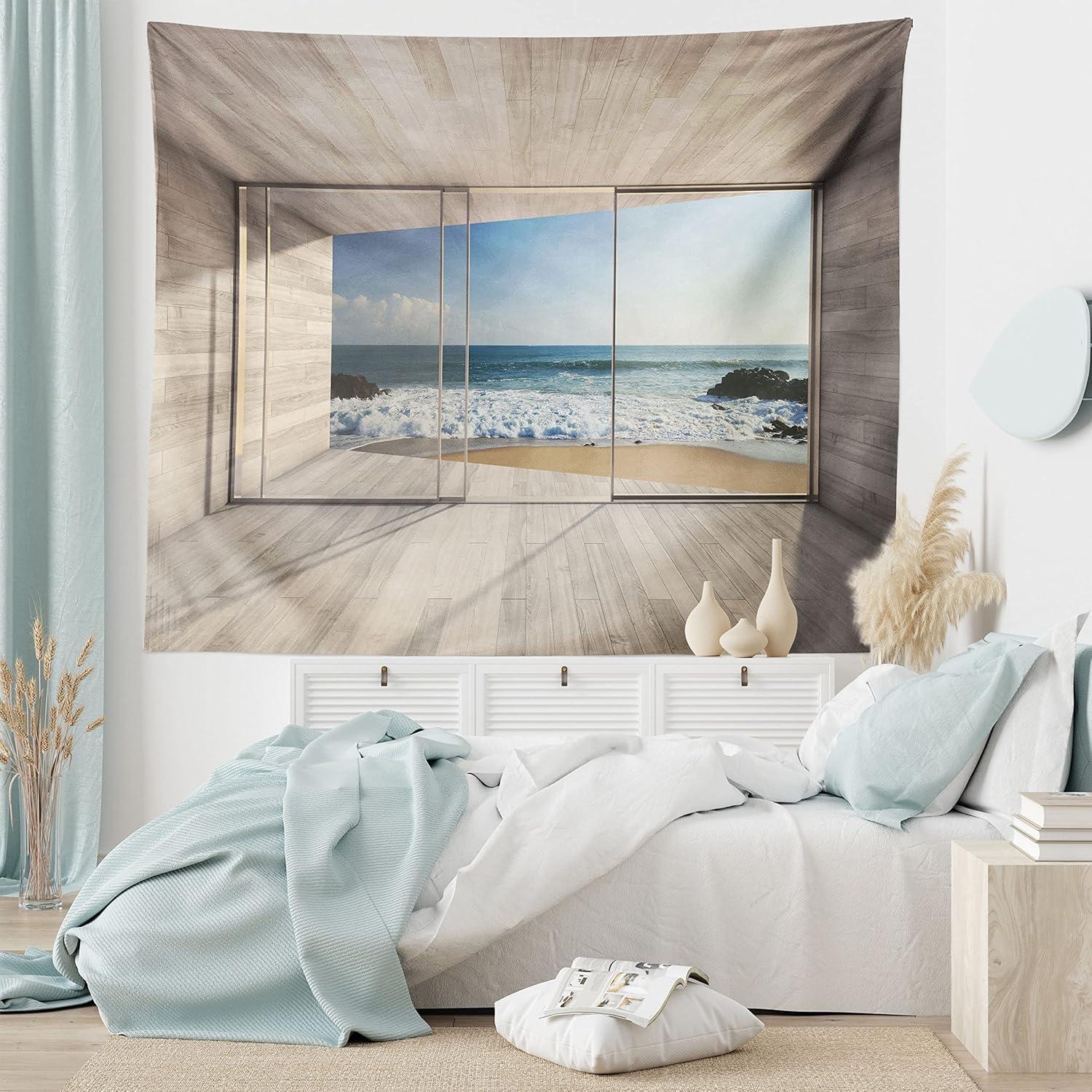 imageAmbesonne Modern Tapestry Empty Lounge Area Large Window and View of Sea Waves Rocks Art Fabric Wall Hanging Decor for Bedroom Living Room Dorm 45 X 30 Beige Blue White