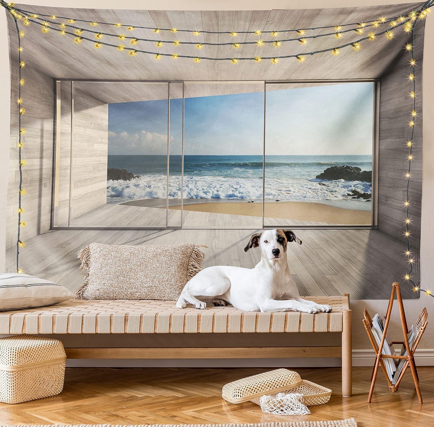 imageAmbesonne Modern Tapestry Empty Lounge Area Large Window and View of Sea Waves Rocks Art Fabric Wall Hanging Decor for Bedroom Living Room Dorm 45 X 30 Beige Blue White