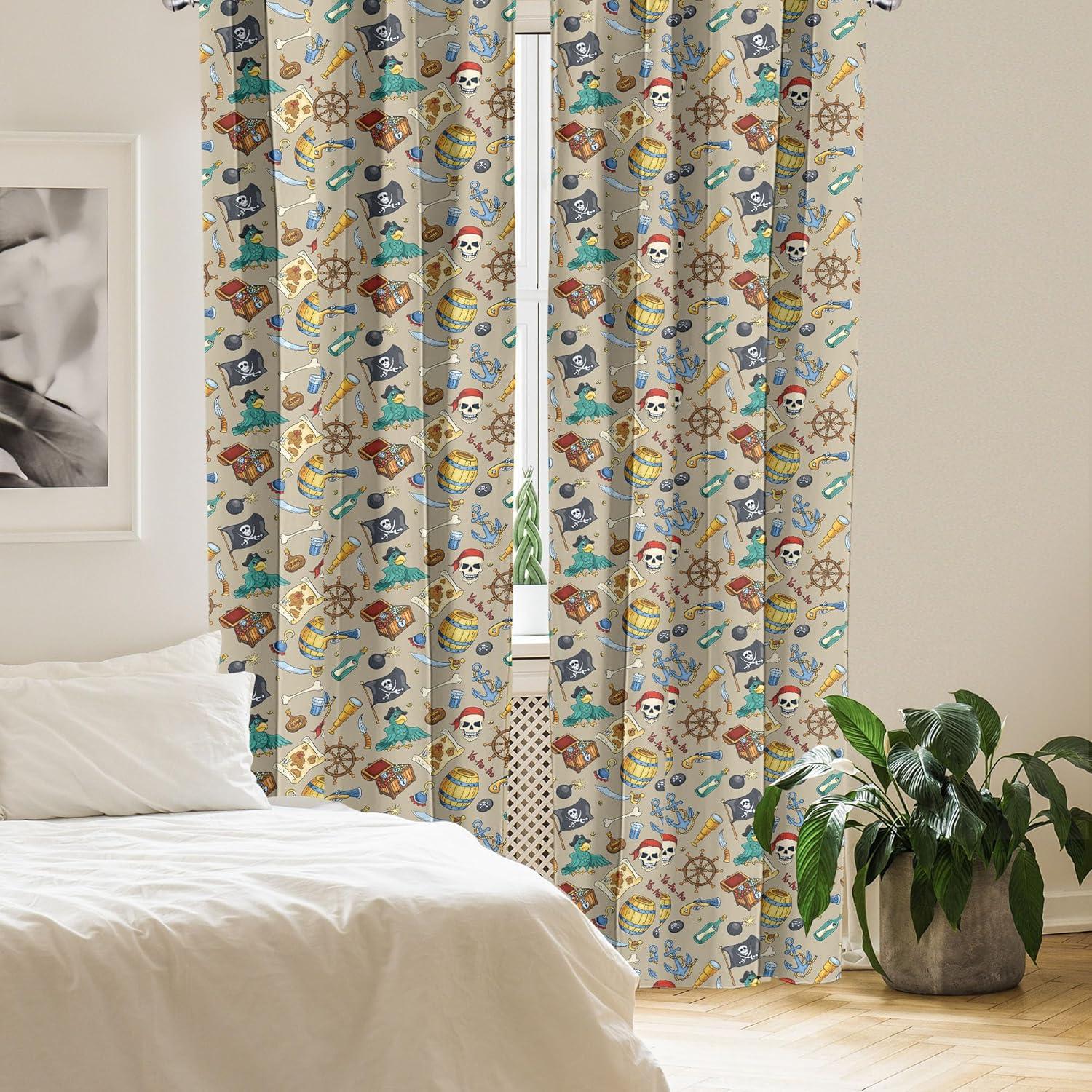 imageAmbesonne Pirates Curtains Cheerful Sketch Cartoon Pattern with Adventurous Sea Travel Piracy Theme Elements Window Treatments 2 Panel Set for Living Room Bedroom Pair of 28 x 84 MulticolorMulti Color
