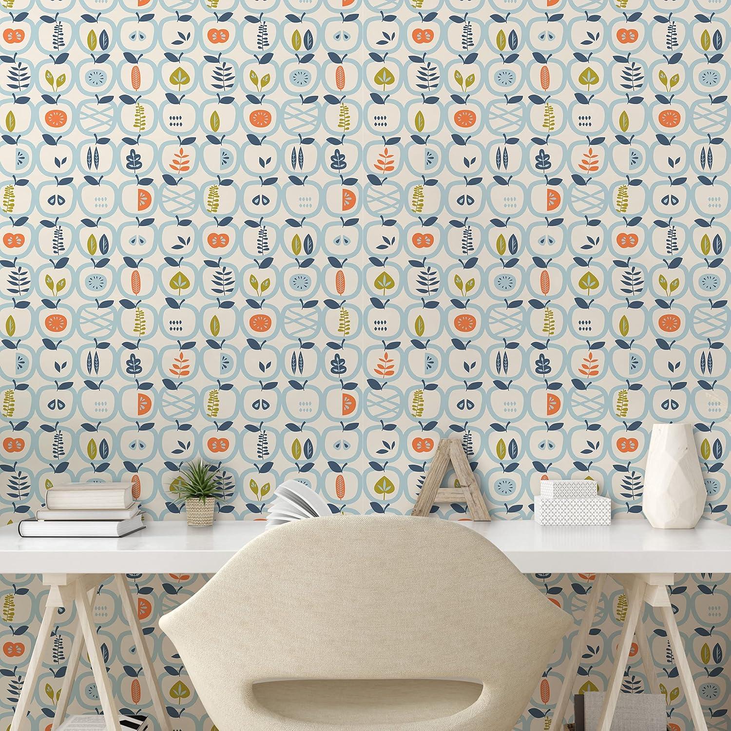 imageAmbesonne Scandinavian Peel amp Stick Wallpaper for Home Apples and Leaves Pattern Abstract Fruit Design Bountiful Harvest SelfAdhesive Living Room Kitchen Accent 13 x 100 Pale Blue Orange Green