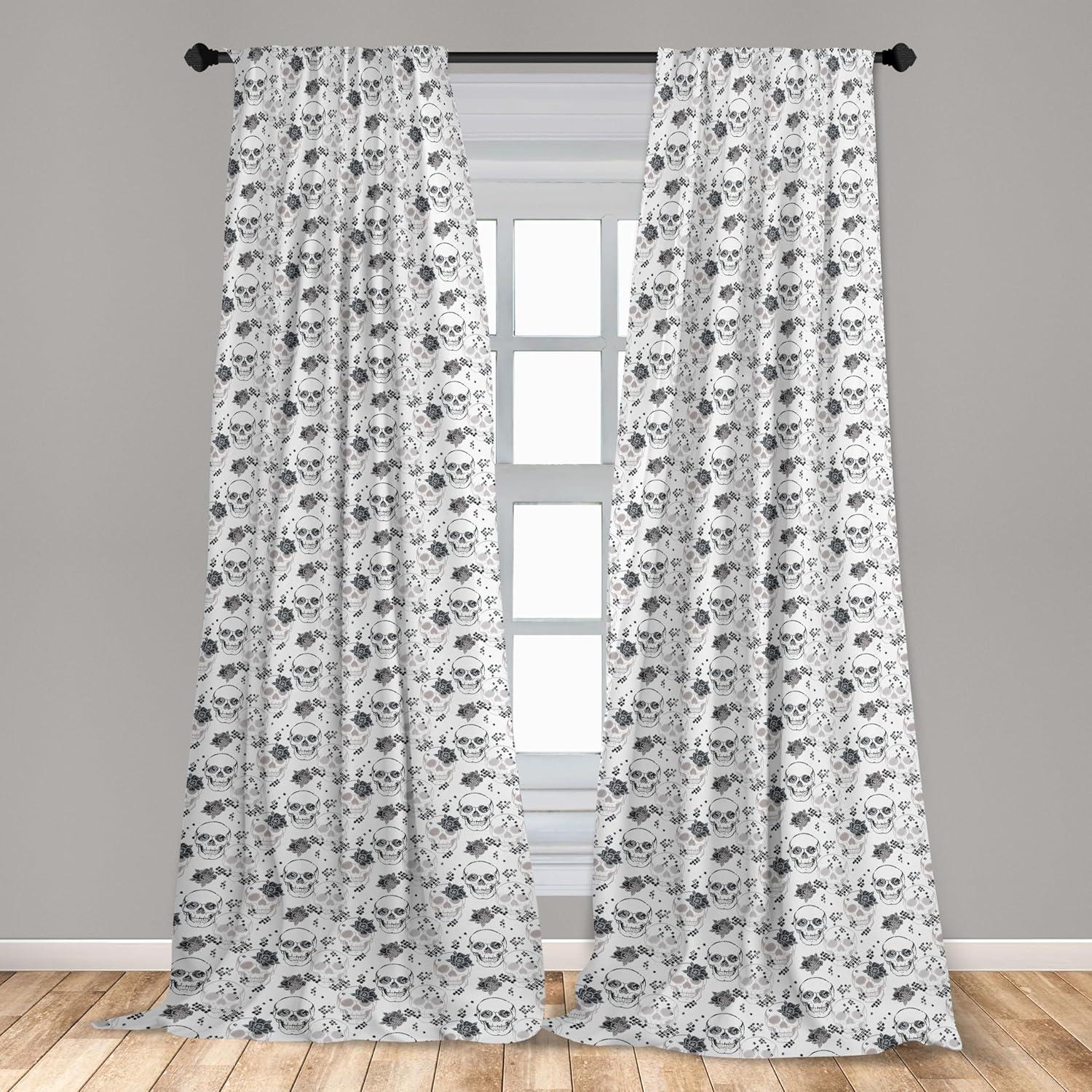 imageAmbesonne Skull Pattern Curtains Blooming Gothic Motif with Daisy Flowers Dragonflies Butterflies Window Treatments 2 Panel Set for Living Room Bedroom Pair of 28 x 63 Reseda Green Off WhiteCoconut and Dark Grey