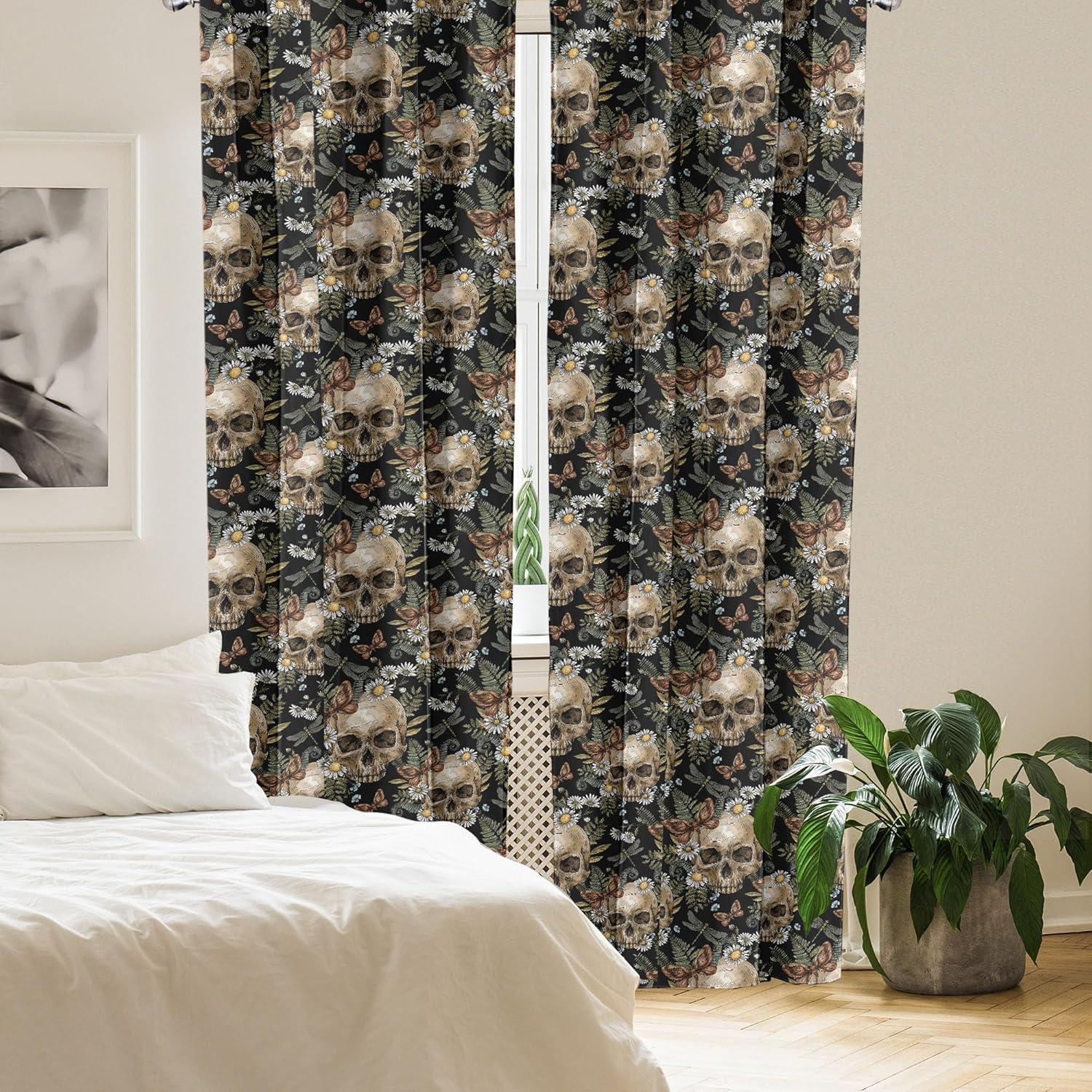 imageAmbesonne Skull Pattern Curtains Blooming Gothic Motif with Daisy Flowers Dragonflies Butterflies Window Treatments 2 Panel Set for Living Room Bedroom Pair of 28 x 63 Reseda Green Off WhiteReseda Green Off White