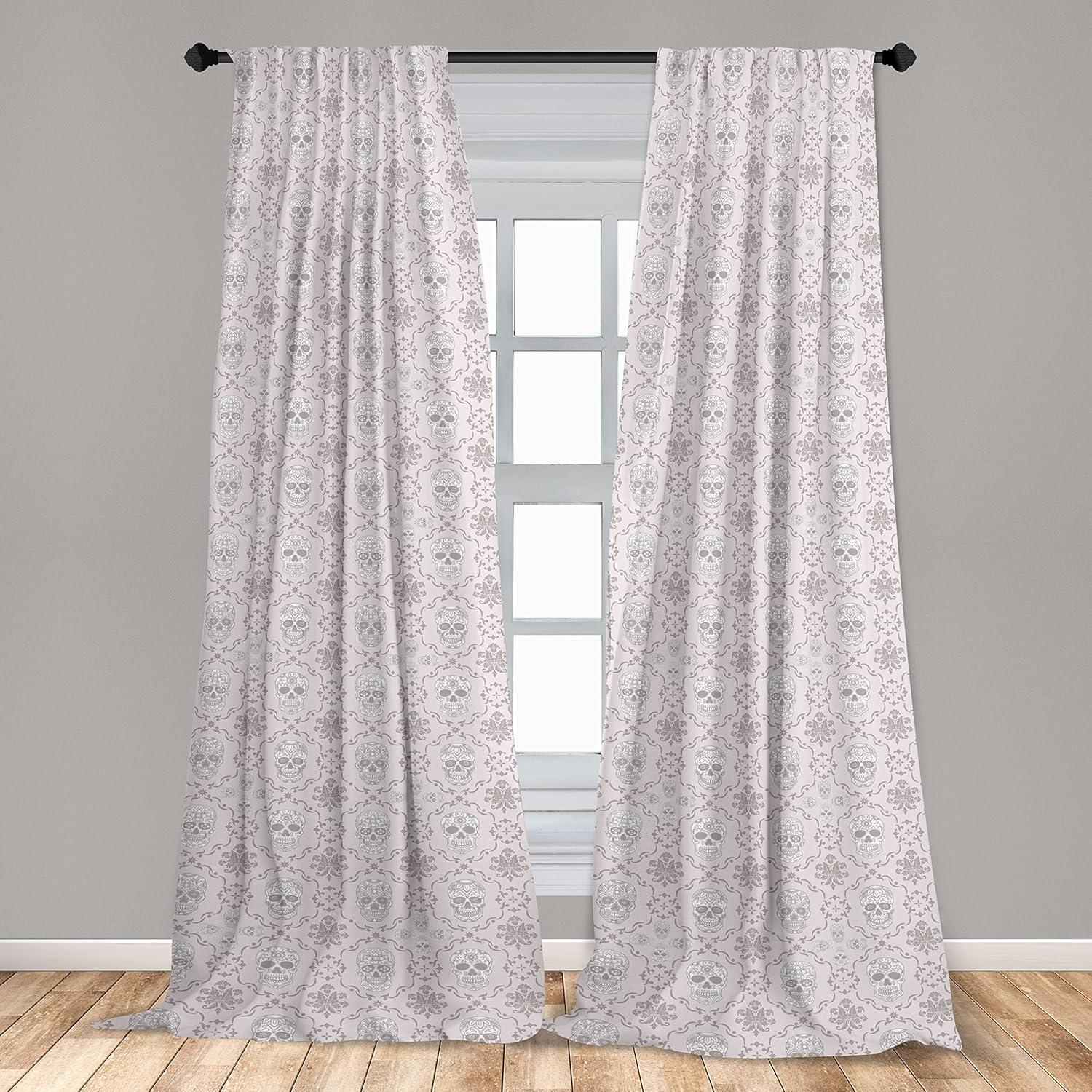 imageAmbesonne Skull Pattern Curtains Blooming Gothic Motif with Daisy Flowers Dragonflies Butterflies Window Treatments 2 Panel Set for Living Room Bedroom Pair of 28 x 63 Reseda Green Off WhitePale Eggshell Dimgray