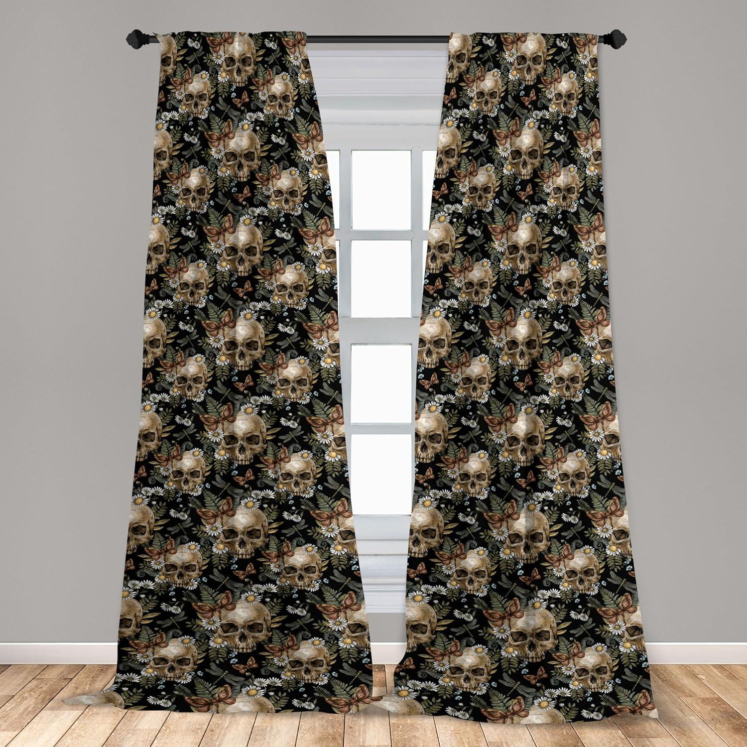 imageAmbesonne Skull Pattern Curtains Blooming Gothic Motif with Daisy Flowers Dragonflies Butterflies Window Treatments 2 Panel Set for Living Room Bedroom Pair of 28 x 63 Reseda Green Off WhiteReseda Green Off White