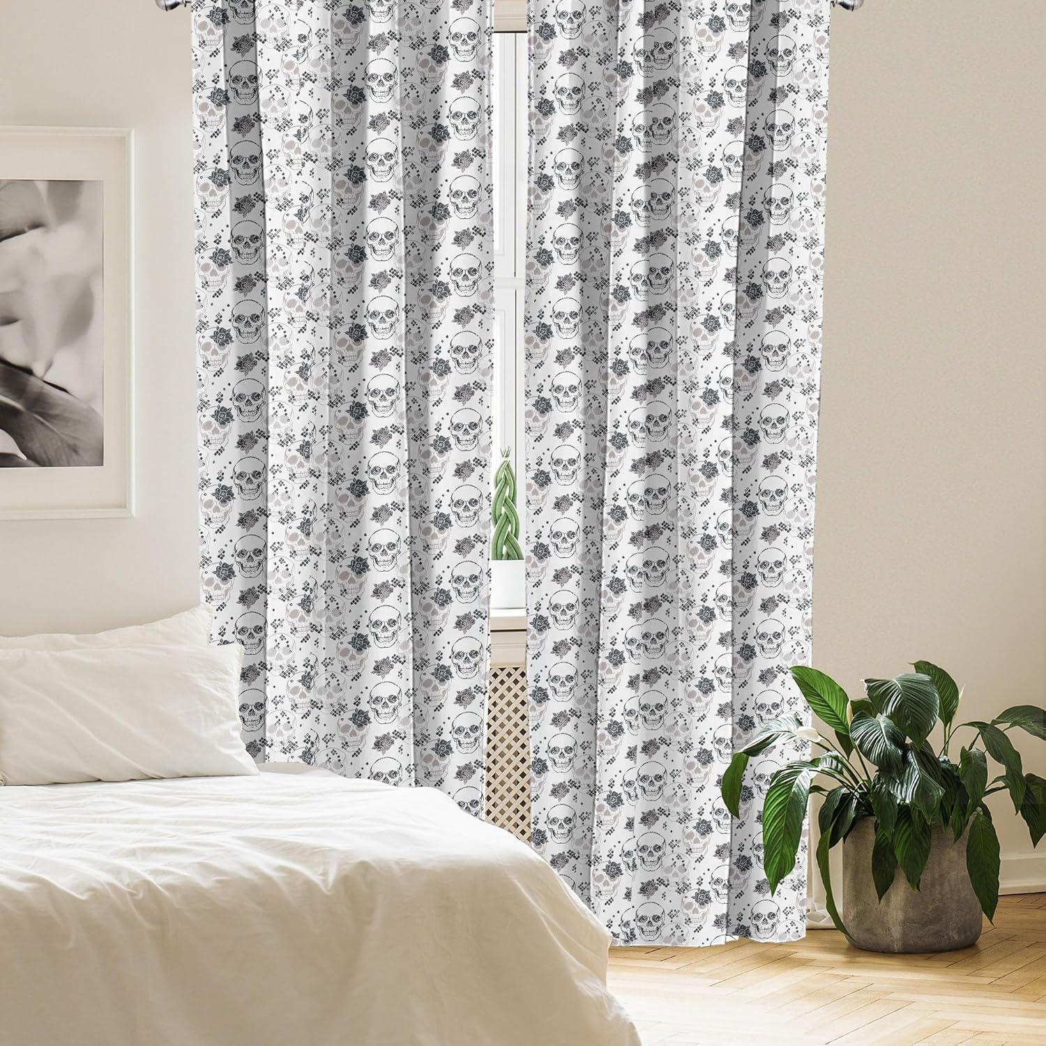imageAmbesonne Skull Pattern Curtains Blooming Gothic Motif with Daisy Flowers Dragonflies Butterflies Window Treatments 2 Panel Set for Living Room Bedroom Pair of 28 x 63 Reseda Green Off WhiteCoconut and Dark Grey