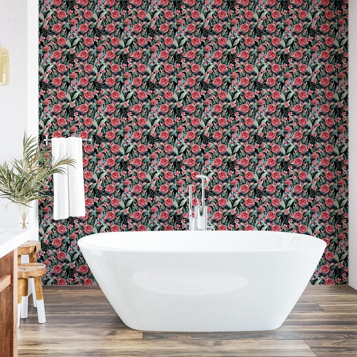 imageAmbesonne Summer Floral Peel amp Stick Wallpaper for Home Monochromatic Love Vibe with Delicate Sour Cherry Kiss Theme SelfAdhesive Living Room Kitchen Accent 13 x 36 Burgundy Ruby and PinkCoral and Pale Reseda Green