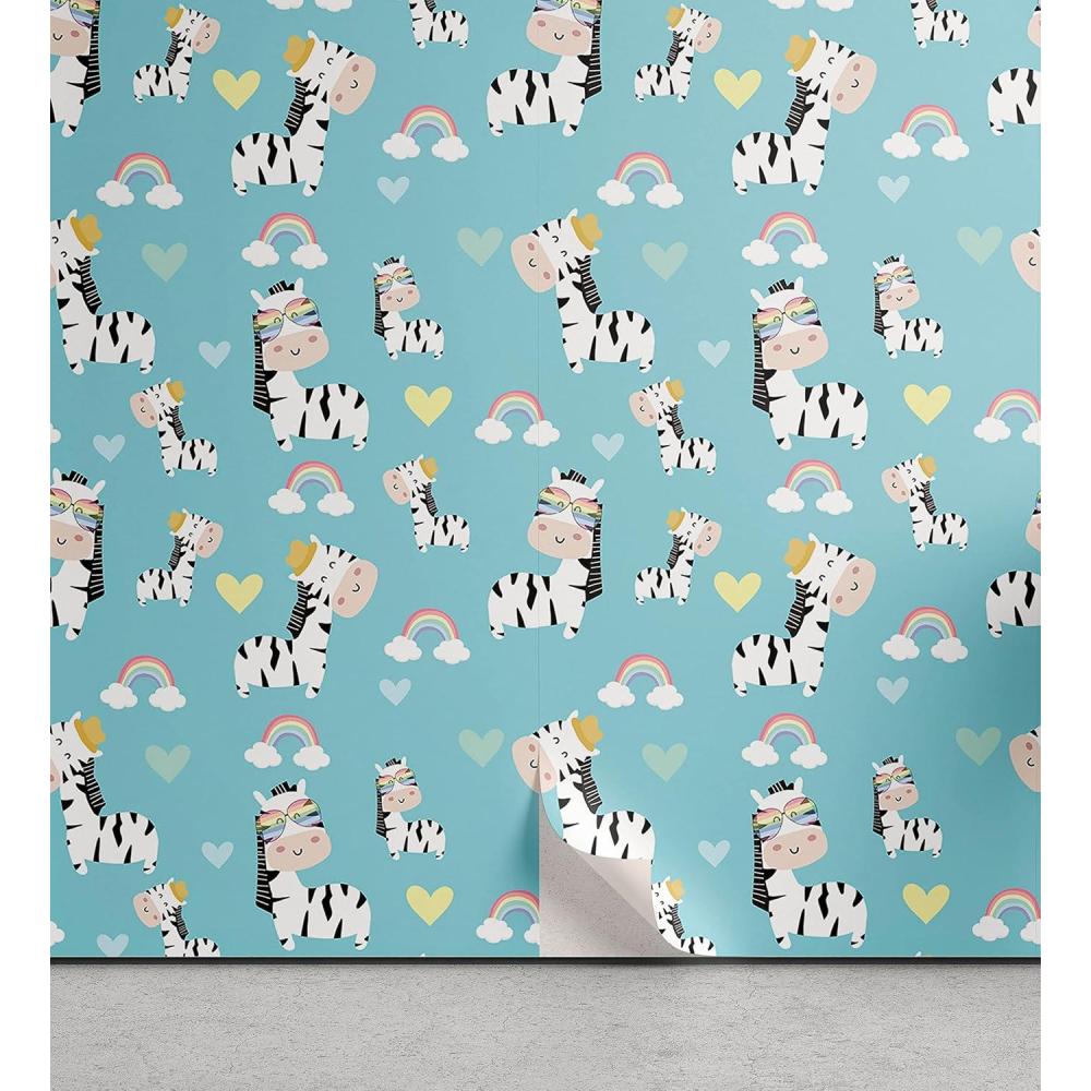 imageAmbesonne Jungle Cartoon Peel amp Stick Wallpaper for Home Continuous Whimsical Pattern of Cheerful Zebra and Rainbows SelfAdhesive Living Room Kitchen Accent 13 x 36 Pale Sky Blue Multicolor