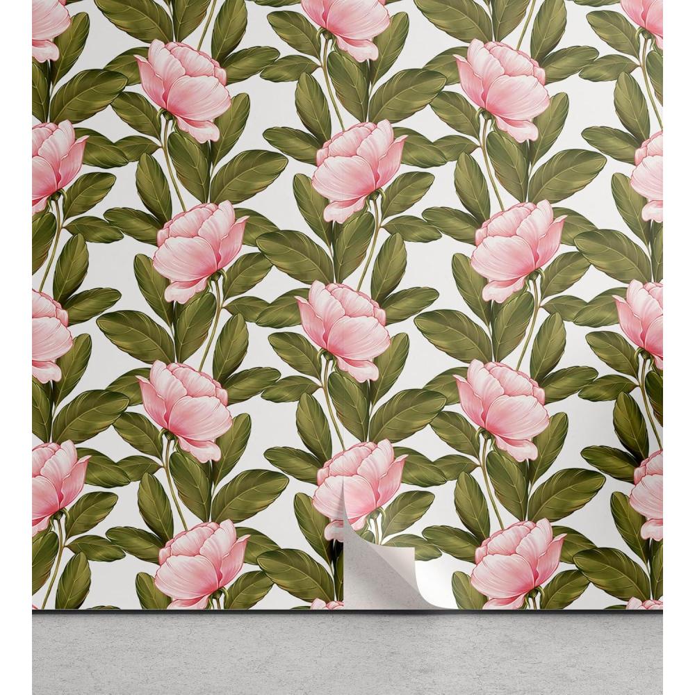 imageAmbesonne Magnolia Peel amp Stick Wallpaper for Home Classic Pattern of Urban Jungle Flowers with Leaves Modern Farmhouse SelfAdhesive Living Room Kitchen Accent 13 x 72 Pale Rose Hunter GreenOlive Green and Pale Pink