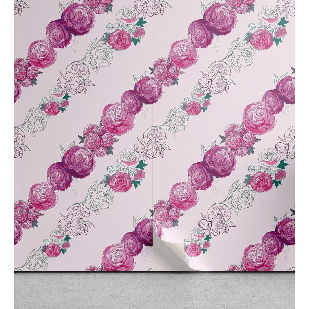 imageAmbesonne Magnolia Peel amp Stick Wallpaper for Home Classic Pattern of Urban Jungle Flowers with Leaves Modern Farmhouse SelfAdhesive Living Room Kitchen Accent 13 x 72 Pale Rose Hunter GreenPale Fuchsia Rose Green