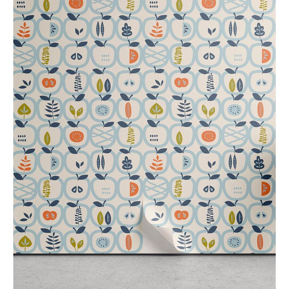 imageAmbesonne Scandinavian Peel amp Stick Wallpaper for Home Apples and Leaves Pattern Abstract Fruit Design Bountiful Harvest SelfAdhesive Living Room Kitchen Accent 13 x 100 Pale Blue Orange Green