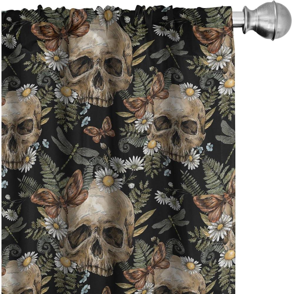 imageAmbesonne Skull Pattern Curtains Blooming Gothic Motif with Daisy Flowers Dragonflies Butterflies Window Treatments 2 Panel Set for Living Room Bedroom Pair of  28 x 63 Reseda Green Off WhiteReseda Green Off White
