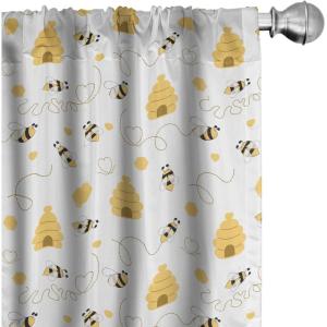 Ambesonne Bee Curtains, Pattern of Flying Bugs Forming Heart Shapes with Beehives Mother Nature Creatures, Window Treatments 2 Panel Set for Living Room Bedroom, Pair of – 28″ x 95″, Mustard White(Mustard White)