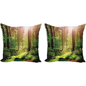 Ambesonne Forest Decorative Throw Pillow Case Pack of 2, Forest in Spring Time Sunset Moss Woods Leaf Wilderness Fantasy View Print, Couch Bedroom Living Room Cushion Cover, 18″, Green Brown(18″)