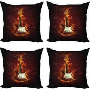 Ambesonne Guitar Decorative Throw Pillow Case Pack of 4, Electric Guitar in Burning Hardrock Musical Creativity Concept, Cushion Cover for Couch Living Room Car, 18″, Orange Maroon Black(18″)