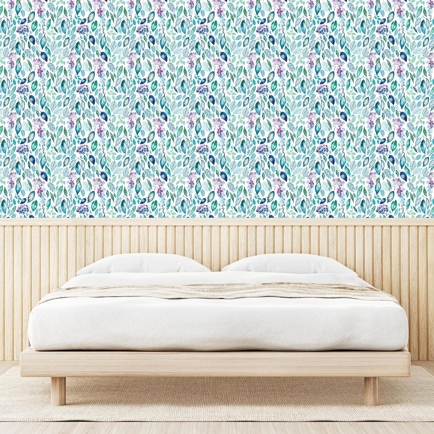imageAmbesonne Botanical Peel amp Stick Wallpaper for Home Garden Themed Watercolor Style Leaf Prints Blooming Brushstrokes SelfAdhesive Living Room Kitchen Accent 13 x 100 Teal Pale Purple and White
