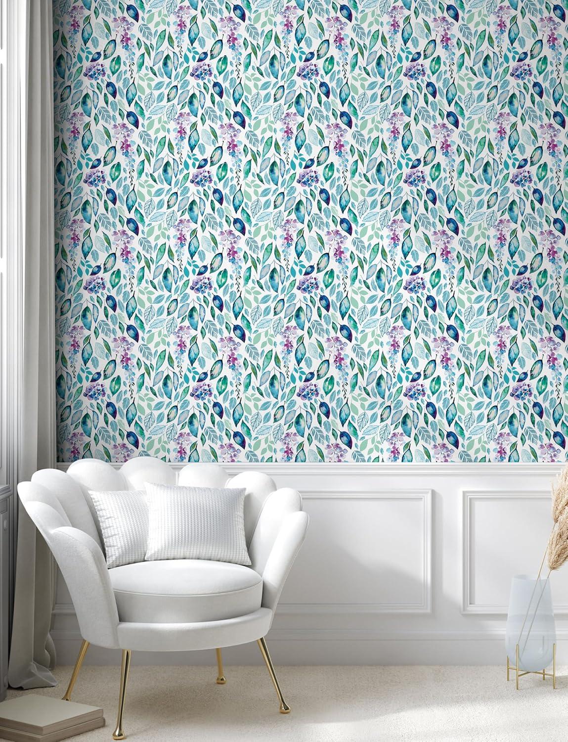 imageAmbesonne Botanical Peel amp Stick Wallpaper for Home Garden Themed Watercolor Style Leaf Prints Blooming Brushstrokes SelfAdhesive Living Room Kitchen Accent 13 x 100 Teal Pale Purple and White