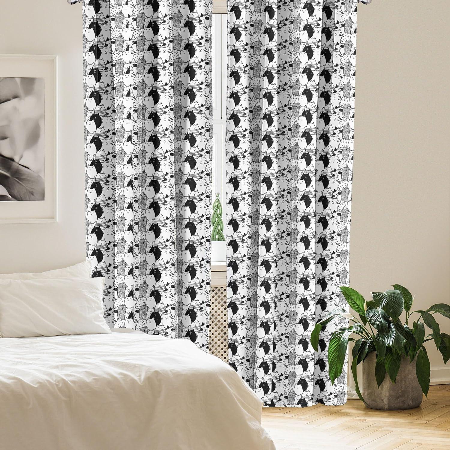 imageAmbesonne Cat Curtains Monochrome Pattern with Hand Drawn Style Animal Characters Different Mascots Window Treatments 2 Panel Set for Living Room Bedroom Pair of 28 x 84 White Charcoal