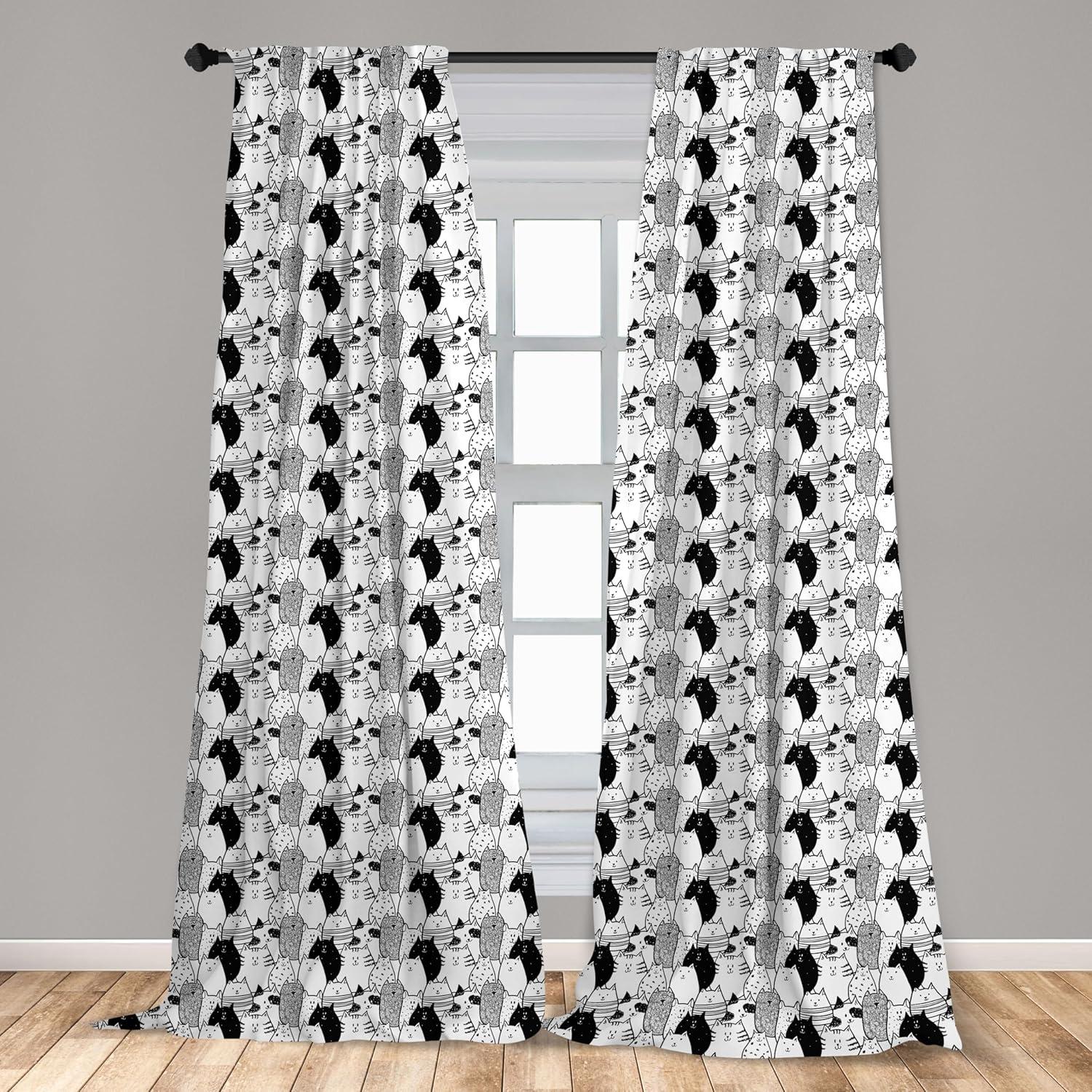 imageAmbesonne Cat Curtains Monochrome Pattern with Hand Drawn Style Animal Characters Different Mascots Window Treatments 2 Panel Set for Living Room Bedroom Pair of 28 x 84 White Charcoal