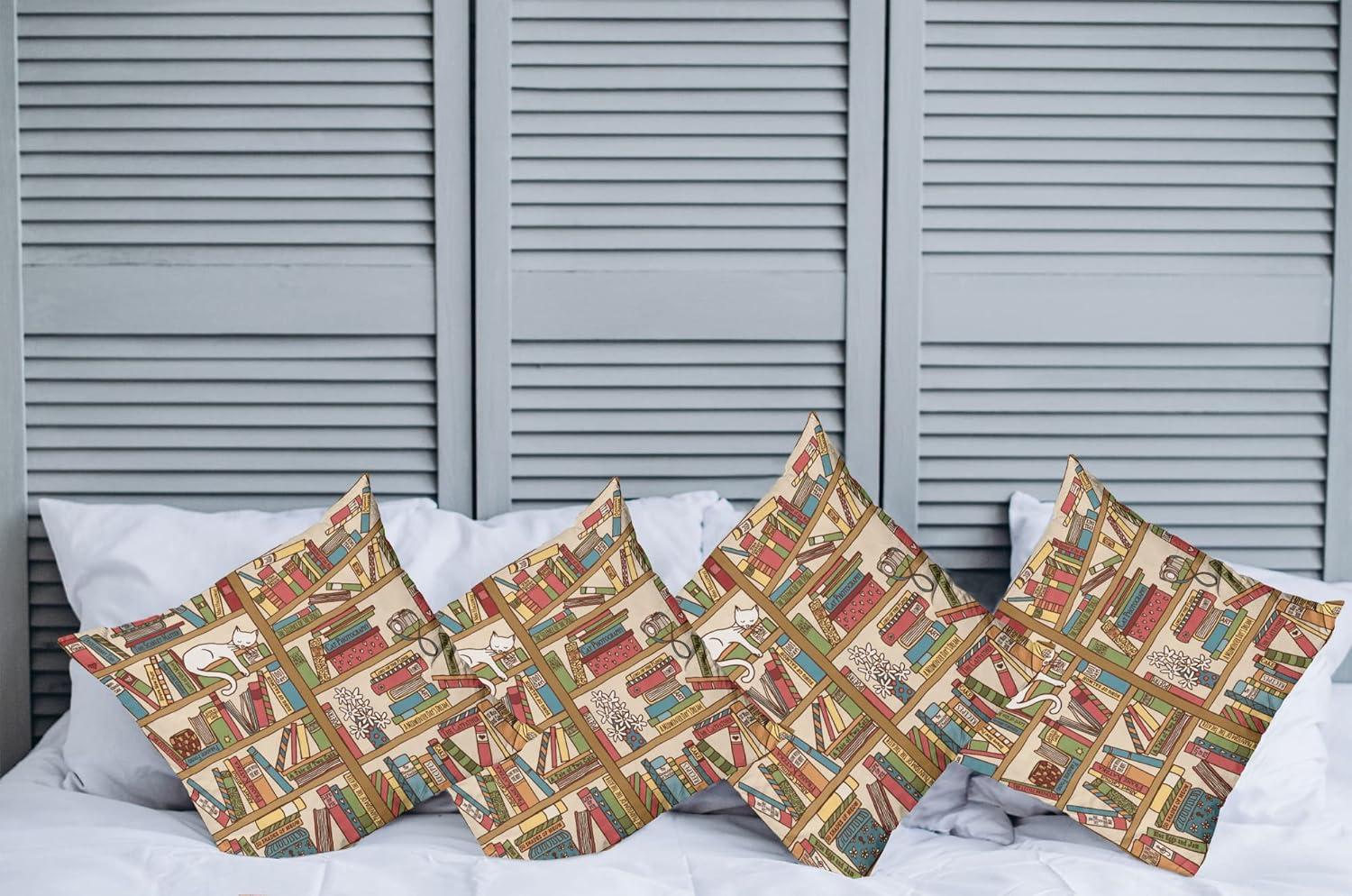 imageAmbesonne Cat Decorative Throw Pillow Case Pack of 4 Nerd Book Lover Kitty Sleeping Over Bookshelf Library Academics Feline Boho Design Cushion Cover for Couch Living Room Car 16 Brown Pink