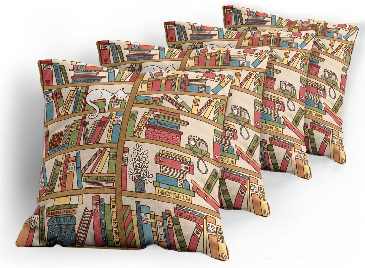 imageAmbesonne Cat Decorative Throw Pillow Case Pack of 4 Nerd Book Lover Kitty Sleeping Over Bookshelf Library Academics Feline Boho Design Cushion Cover for Couch Living Room Car 16 Brown Pink