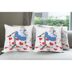Ambesonne Alice in Wonderland Decorative Throw Pillow Case Pack of 4, Girl Sitting on a Tea Cup Heart Shape Character Fantasy Tale, Cushion Cover for Couch Living Room Car, 20″, White Blue