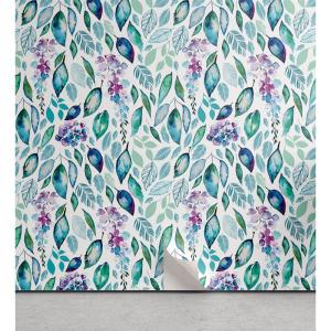 Ambesonne Botanical Peel & Stick Wallpaper for Home, Garden Themed Watercolor Style Leaf Prints Blooming Brushstrokes, Self-Adhesive Living Room Kitchen Accent, 13″ x 100″, Teal Pale Purple and White