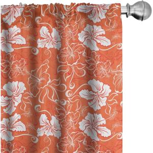 Ambesonne Burnt Orange Curtains, Hawaiian Hibiscus Pattern with Swirls and Curves on Background, Window Treatments 2 Panel Set for Living Room Bedroom, Pair of – 28″ x 63″, Orange White