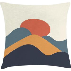 Ambesonne Mid Century Modern Boho Throw Pillow Cushion Cover, Minimal Art of Mountains and Sun in Grunge Effect, Decorative Square Accent Pillow Case, 16″ X 16″, Eggshell and Multicolor