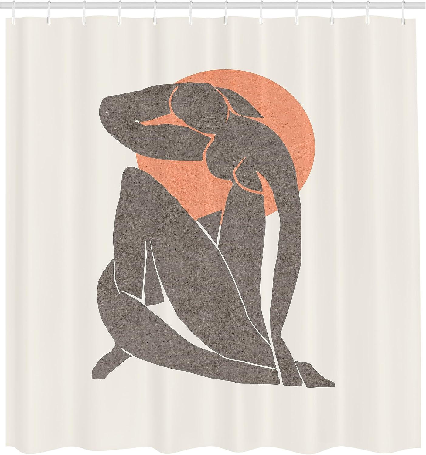 imageAmbesonne Mid Century Modern Boho Shower Curtain Simple Silhouette of Lady with Peach Tone Sun Round Print Cloth Fabric Bathroom Decor Set with Hooks 69 W x 84 L Salmon Dimgray White