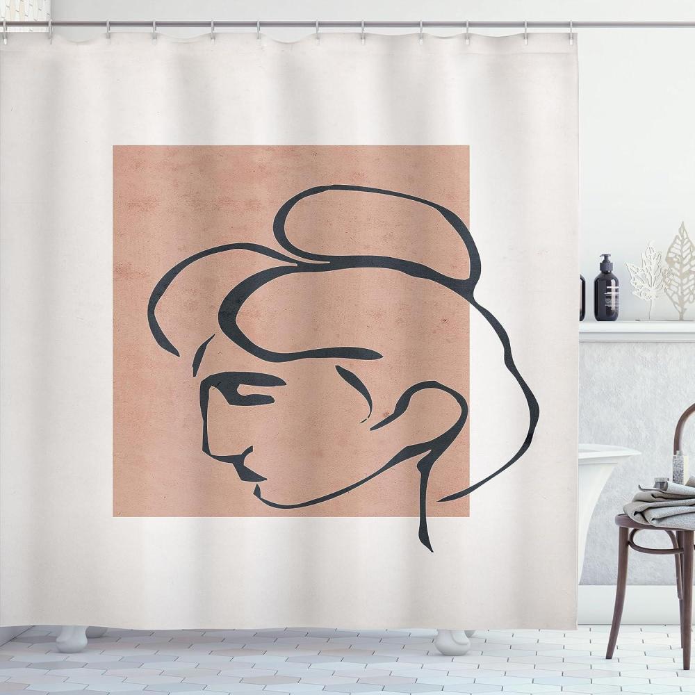 imageAmbesonne Mid Century Modern Boho Shower Curtain Minimalist Outline Lady Silhouette and Rectangle Print Cloth Fabric Bathroom Decor Set with Hooks 69 W x 105 L Almond Dark Slate Blue