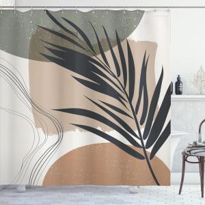 Ambesonne Mid Century Modern Boho Shower Curtain, Simple Palm Leaf on Abstract Geometric Shapes, Cloth Fabric Bathroom Decor Set with Hooks, 69″ W x 105″ L, Ecru Charcoal Grey and White