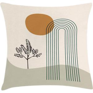 Ambesonne Mid Century Modern Boho Throw Pillow Cushion Cover, Minimalist Abstract Boho Roundy Stripes and Leaf with Sun, Decorative Square Accent Pillow Case, 24″ X 24″, Amber Champagne Dusk