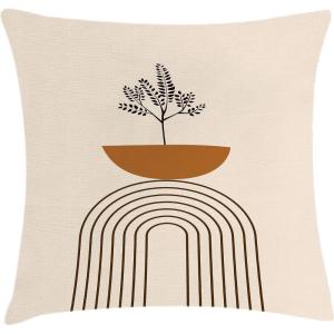 Ambesonne Mid Century Modern Boho Throw Pillow Cushion Cover, Minimalist Art of a Leafy Tree with Semicircle Stripes, Decorative Square Accent Pillow Case, 28″ X 28″, Ginger Champagne Brown