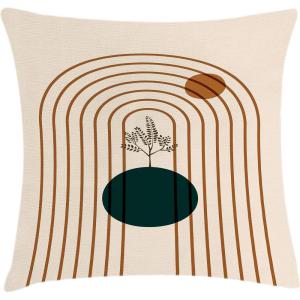 Ambesonne Mid Century Modern Boho Throw Pillow Cushion Cover, Minimalist Leafy Planet and Sun Rounds with Lines, Decorative Square Accent Pillow Case, 24″ X 24″, Peach Cinnamon and Dark Teal