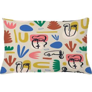 Ambesonne Mid Century Modern Boho Throw Pillow Cushion Cover, Pattern of Abstract Leafy Shapes with Face Look Drawings, Decorative Rectangle Accent Pillow Case, 26″ X 16″, Eggshell Multicolor