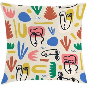 Ambesonne Mid Century Modern Boho Throw Pillow Cushion Cover, Pattern of Abstract Leafy Shapes with Face Look Drawings, Decorative Square Accent Pillow Case, 24″ X 24″, Eggshell Multicolor