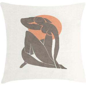 Ambesonne Mid Century Modern Boho Throw Pillow Cushion Cover, Simple Silhouette of Lady with Peach Tone Sun Round Print, Decorative Square Accent Pillow Case, 18″ X 18″, Salmon Dimgray White