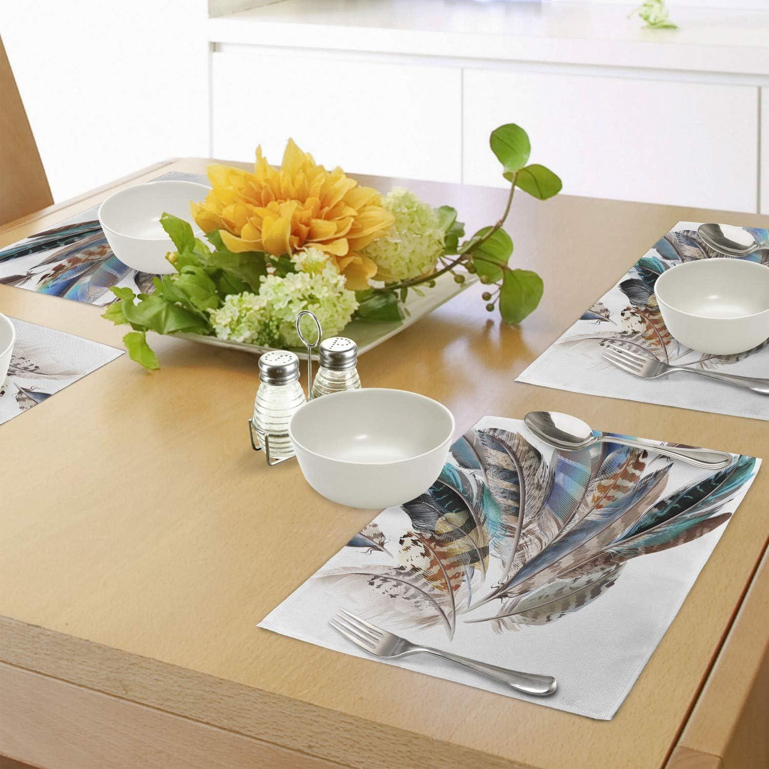 imageAmbesonne Feathers Place Mats Set of 4 Vaned Types and Natal Contour Flight Bird Feathers and Animal Skin Element Print Washable Fabric Placemats for Dining Table Standard Size Teal Brown