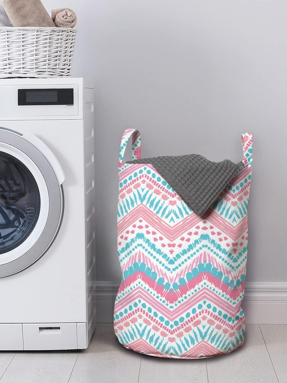 imageAmbesonne Geometric Laundry Bag Grungy Brush Stroked Dots Among Chevron Zigzag Striped Pattern Hamper Basket with Handles Drawstring Closure for Laundromats 13 x 19 Pale Pink Aqua Pink