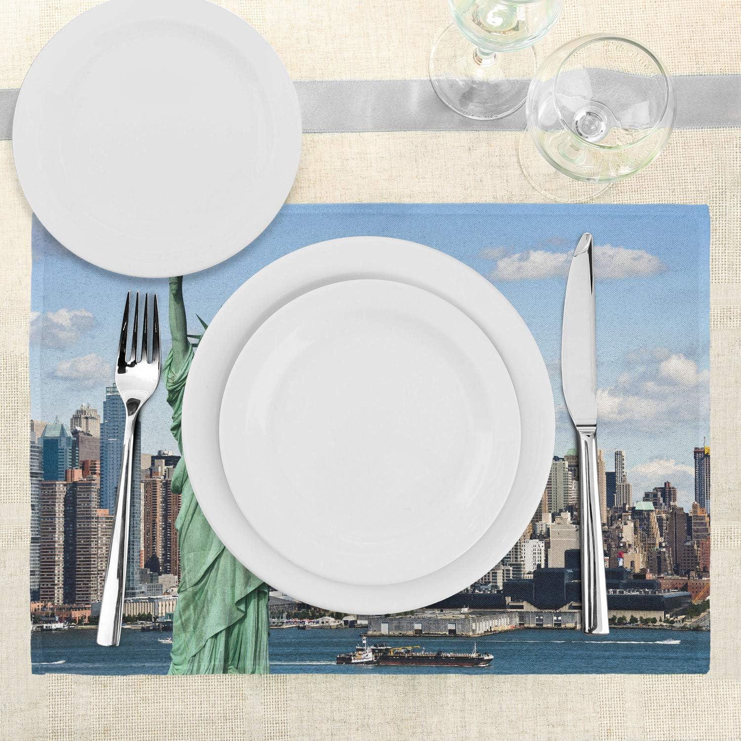imageAmbesonne New York Place Mats Set of 4 Liberty in NYC Harbor Urban City Print Famous Cultural Landmark Picture Washable Fabric Placemats for Dining Table Standard Size Mint Blue