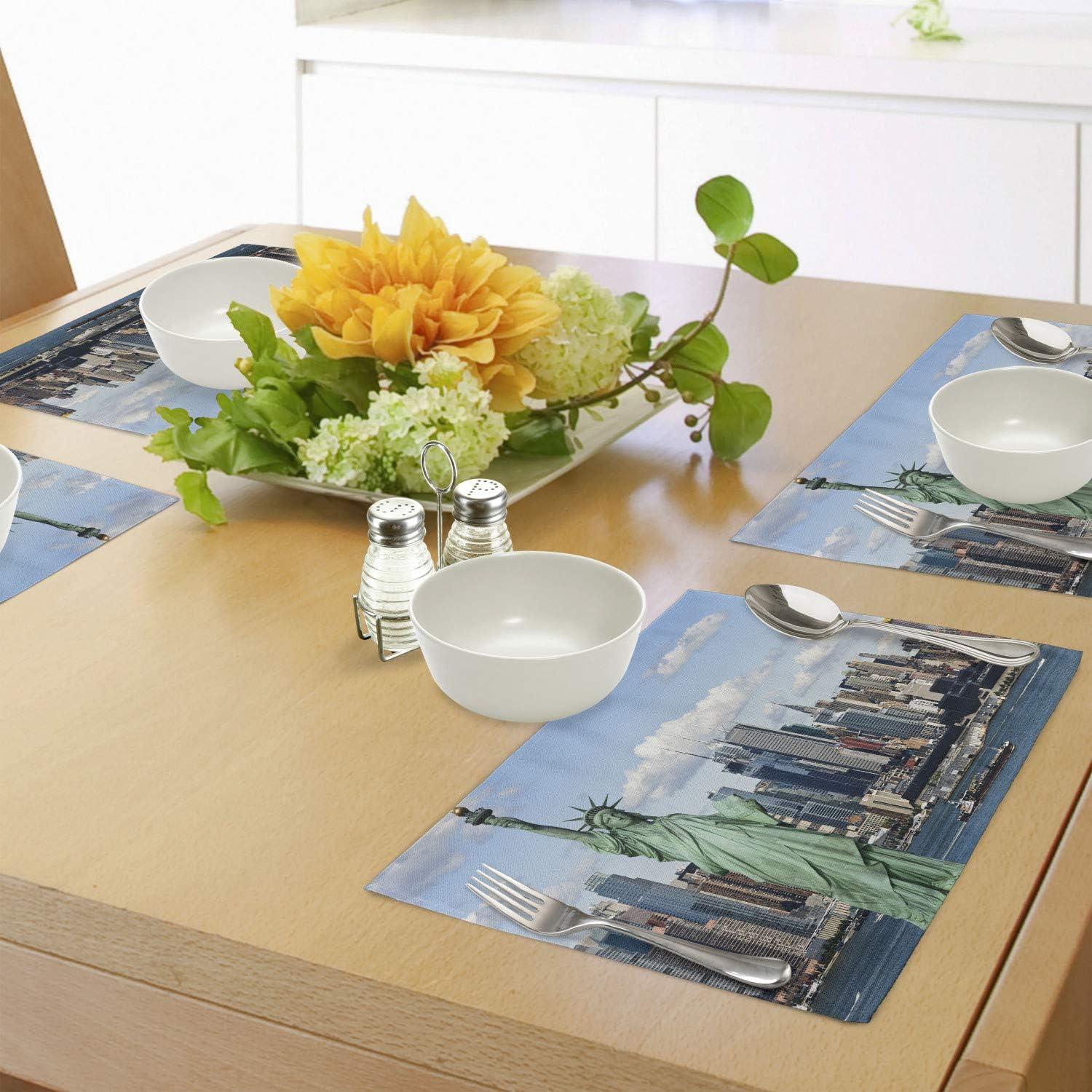 imageAmbesonne New York Place Mats Set of 4 Liberty in NYC Harbor Urban City Print Famous Cultural Landmark Picture Washable Fabric Placemats for Dining Table Standard Size Mint Blue