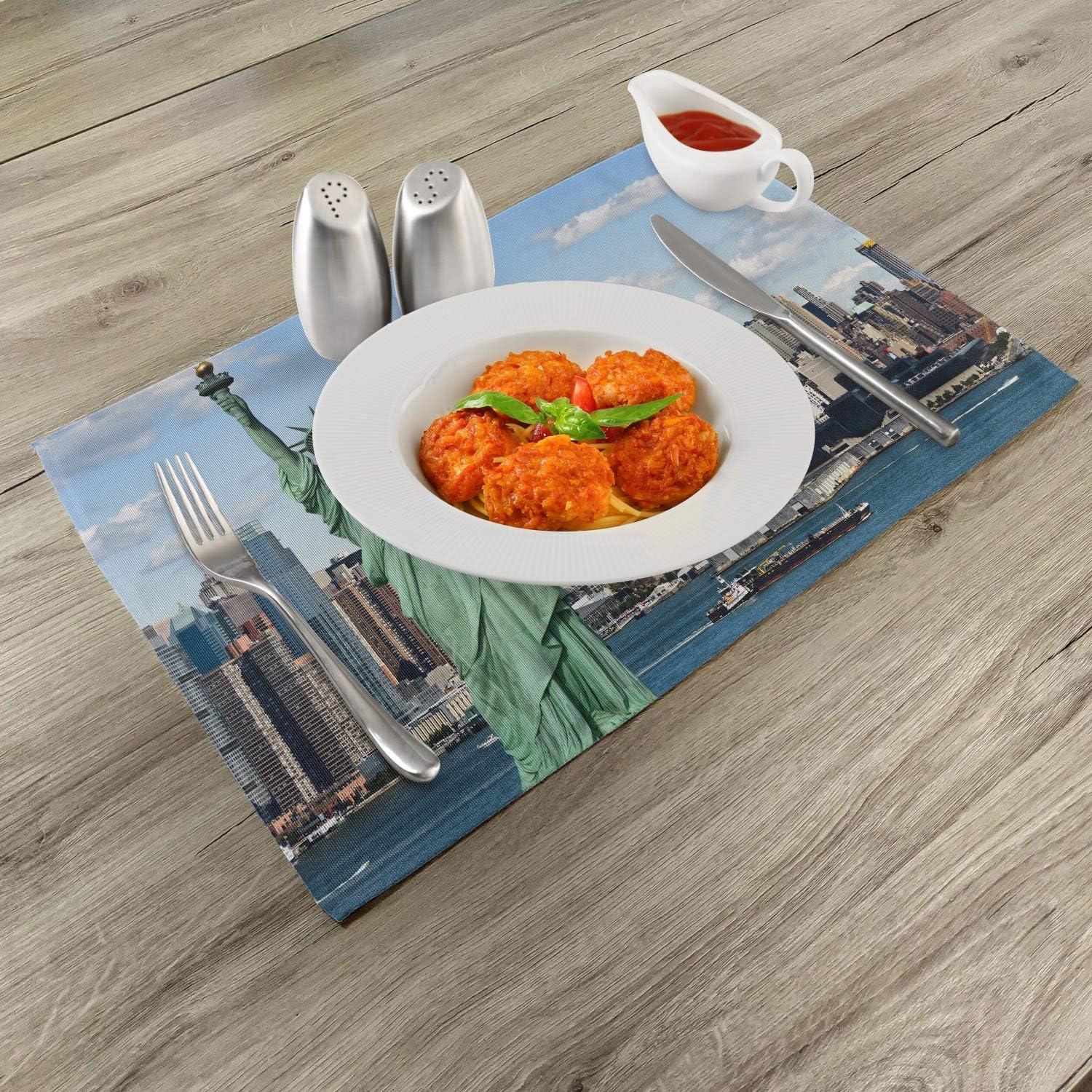 imageAmbesonne New York Place Mats Set of 4 Liberty in NYC Harbor Urban City Print Famous Cultural Landmark Picture Washable Fabric Placemats for Dining Table Standard Size Mint Blue