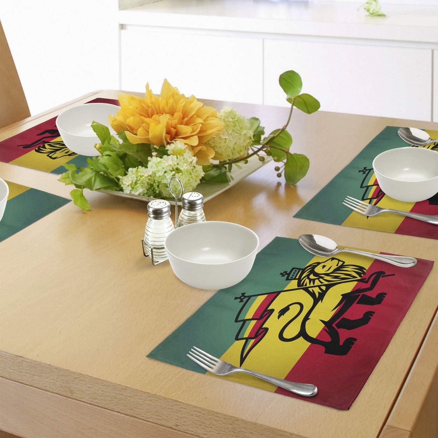 imageAmbesonne Rasta Place Mats Set of 4 Judah Lion a Rastafari Flag Jungle Reggae Theme Art Vivid Colorful Print Washable Fabric Placemats for Dining Table Standard Size Yellow and Red