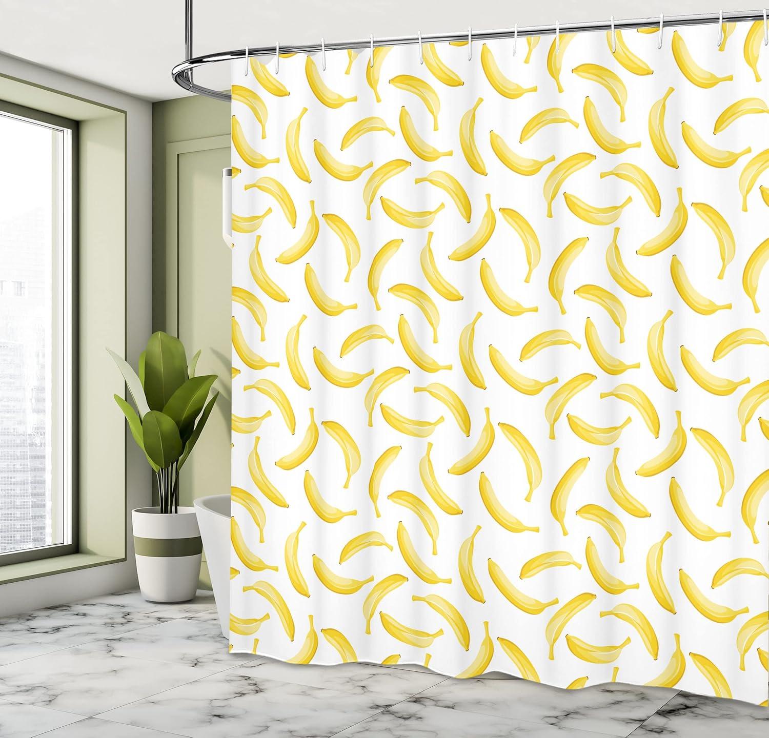 imageAmbesonne Yellow and White Shower Curtain Cartoon Style Bananas Pattern Exotic Pop Art Fruit Tropical Theme Print Cloth Fabric Bathroom Decor Set with Hooks 69 W x 75 L Yellow White