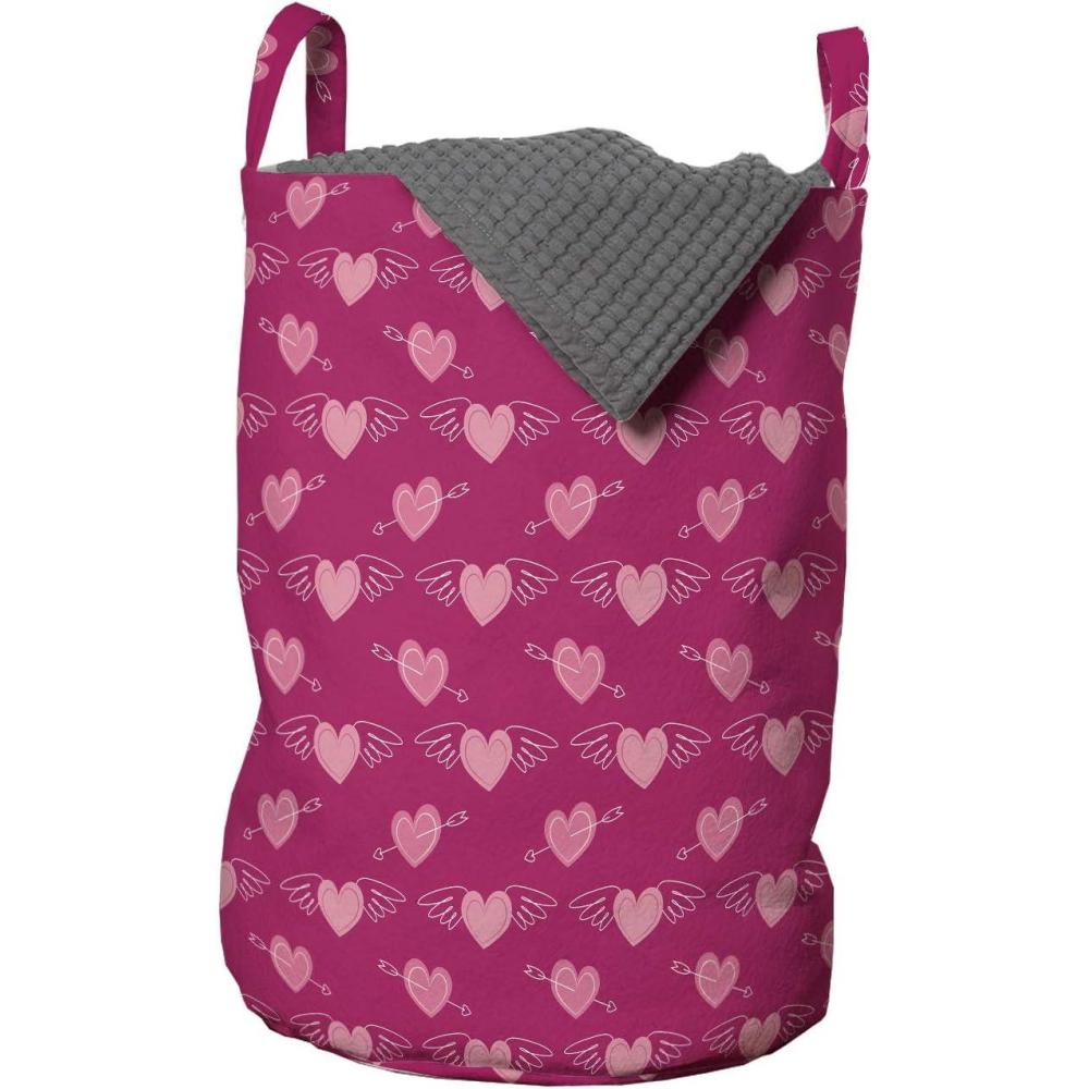 imageAmbesonne Hearts Laundry Bag Doodle Style Pink Love Valentines Day Themed Arrows and Wings Hamper Basket with Handles Drawstring Closure for Laundromats 13 x 19 Magenta and Pale Pink