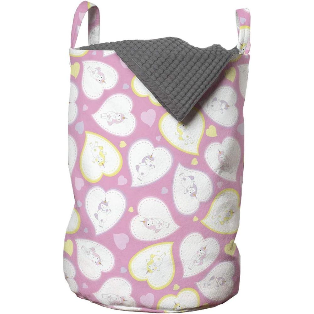 imageAmbesonne Romantic Laundry Bag Love Theme Unicorns in Hearts for Valentines Day Hamper Basket with Handles Drawstring Closure for Laundromats 13 x 19 Pale Pink Pastel Yellow Pale Mauve