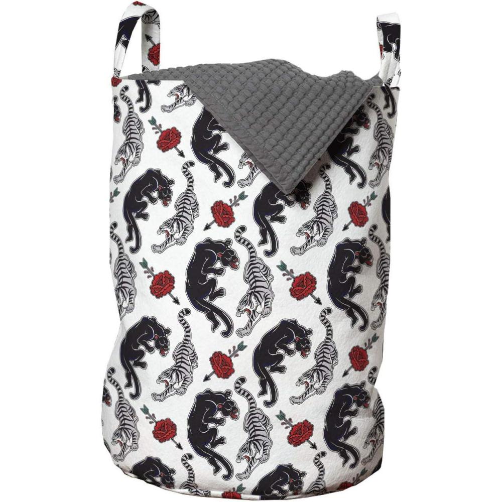 imageAmbesonne Romantic Laundry Bag Wild Cats Passion Theme Lovers Valentines Rose Petals Arrows Eros Hamper Basket with Handles Drawstring Closure for Laundromats 13 x 19 Vermilion Pale Grey